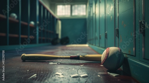 Baseball ball and bat in floor