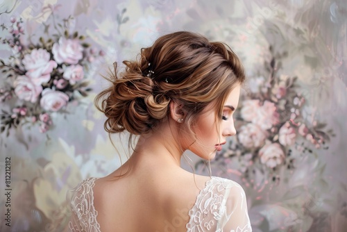 Women with wedding bun hairdo and wedding dress with pastel background