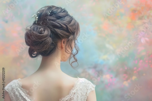 Women with wedding bun hairdo and wedding dress with pastel background