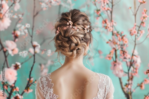 Women with wedding bun hairdo and wedding dress with pastel background