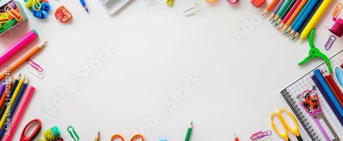 Colorful school supplies arranged on a white background, creating a vibrant border