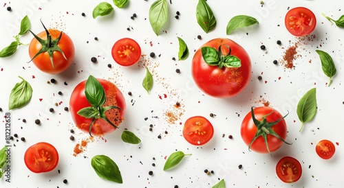 Fresh tomatoes with basil leaves, black pepper, and spices artistically arranged on white background