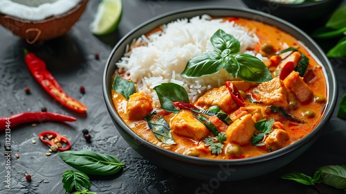 A closeup of Coconut curry with jasmine rice, Fresh food serving