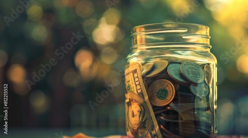 Savings money in the glass jar with retro vintage style on blur background. Generated AI image