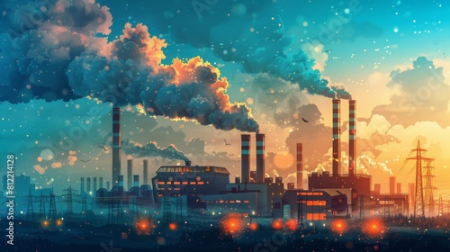 Power plant with smoking chimneys on background of blue sky, factories release CO2 into atmosphere, concept of carbon trading market and atmospheric pollution, air pollution, digital illustration