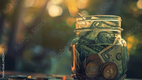 Savings money in the glass jar with retro vintage style on blur background. Generated AI image