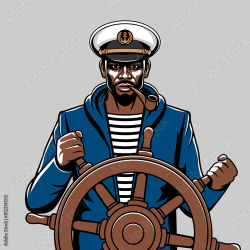 Black male a fisherman with smoking pipe stands at the helm of a ship. Vector illustration