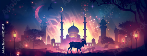 "Eid Al adha" mubarak with a mosque and goat silhouette vector banner design template. The template has a space for text on a red background with a glowing light effect.