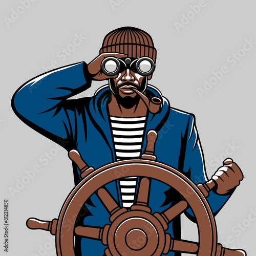 Black male fisherman looking through binoculars standing at helm of boat