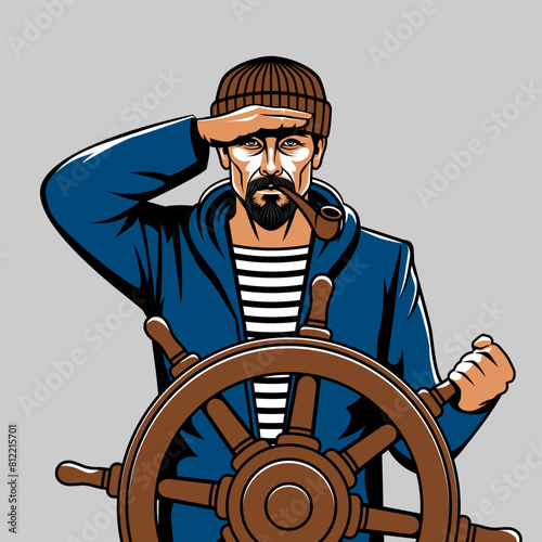 Fisherman looks into distance standing at helm of boat