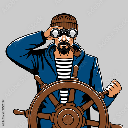 Fisherman looking through binoculars standing at helm of boat