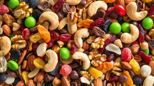 national trail mix day, background, nuts, cashews, walnuts, raisins, dried, cherries, almonds