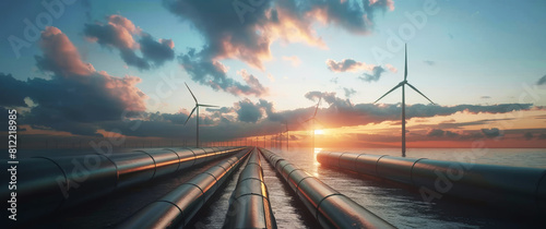 Majestic sunrise over futuristic energy hub with wind turbines and gas pipelines