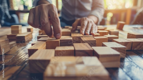 Closeup man hands pick wooden blocks for future choosing plan of business concept. Generated AI
