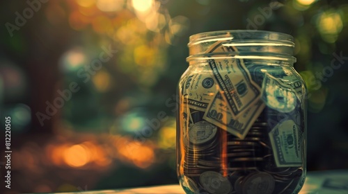 Savings money in the glass jar with retro vintage style on blur background. Generated AI image