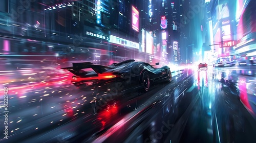 Experience the adrenaline rush of a high-speed chase through a cyberpunk cityscape, with neon lights streaking past and futuristic vehicles weaving through traffic in a heart-pounding pursuit.