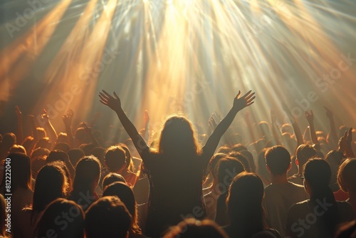 Silhouette of an audience member with arms raised, backlit by dramatic stage lighting at a live concert