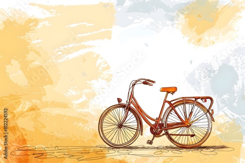 Illustration of red vintage bicycle on abstract background with orange and grey strokes with copy space for text. World Bicycle Day. Card, banner, promo, special offer, web page. 