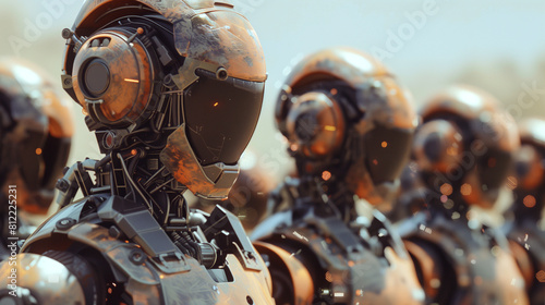 Robot army soldier in line with orange metal casing and oxidized electronic components. Cinematic scene of future war