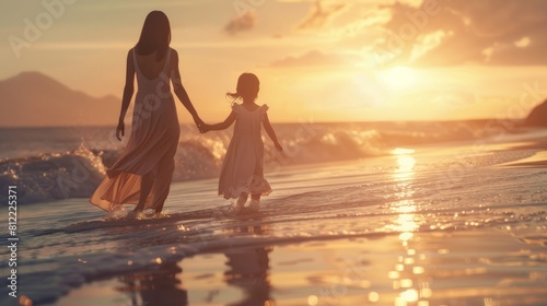 A mother and daughter stroll along the beach at sunset.