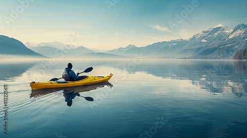 A man in a kayak paddling down a river or lake. The water is calm, the sky is clear. The scene is peaceful and serene. The man is enjoying the beauty of nature. Active recreation concept. Illustration