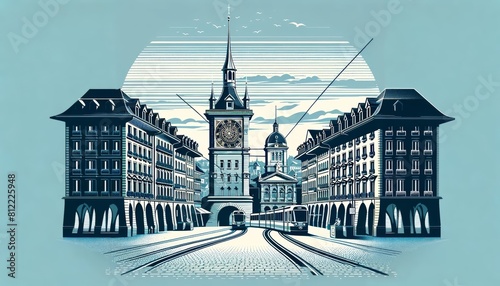 Bern cityscape with traditional houses, roofs, churches, bell towers. Retro style vector poster 