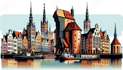 Gdansk cityscape with traditional houses, roofs, churches, bell towers. Retro style vector poster 