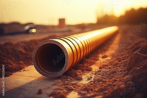 Metal pipe installation in trench pipeline construction for old water line in underground setting