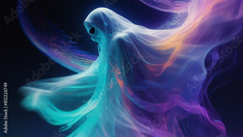 A ghostly figure flickers in the digital ether, an enigmatic presence surrounded by swirling data streams. This zany cryptic digital ghost hovers in an aerial cinematic photograph, 