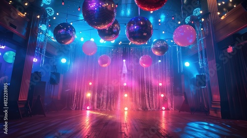 The venue is adorned with balloons and disco balls creating a nostalgic atmosphere of an adult theme