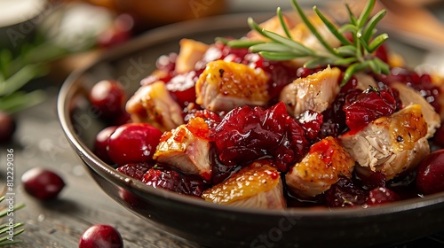 Cranberry sauce with turkey, closeup of Fresh food serving