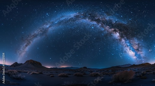 Panorama of the starry night sky, the Milky Way galaxy arcing gracefully overhead.