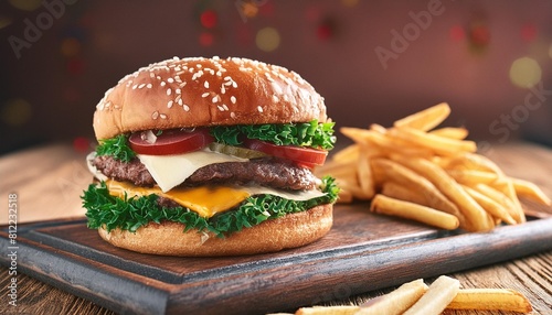 gros plan sur un hamburger avec viande fromage et legumes servi avec frites alimentation fast food nourriture pour conception et creation graphique