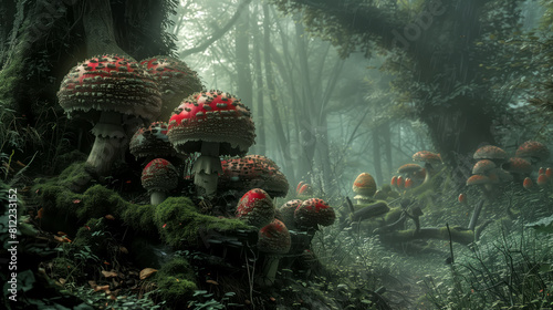 a fantasy forest with giant mushrooms, misty atmosphere