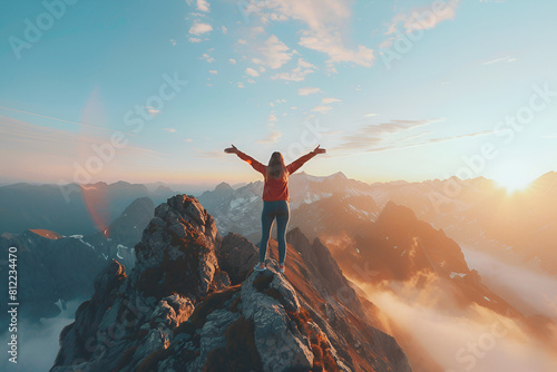 Triumphant figure on mountain peak at sunrise, amidst majestic peaks and soft morning light
