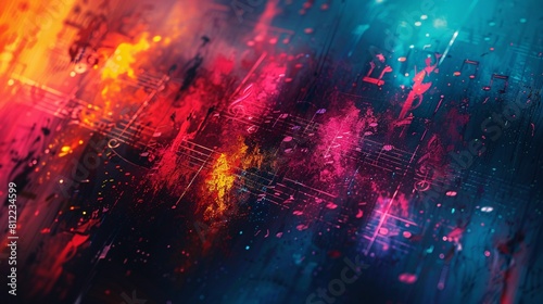 Vibrant abstract painting of musical notes and colorful splashes, depicting the dynamic energy of music 
