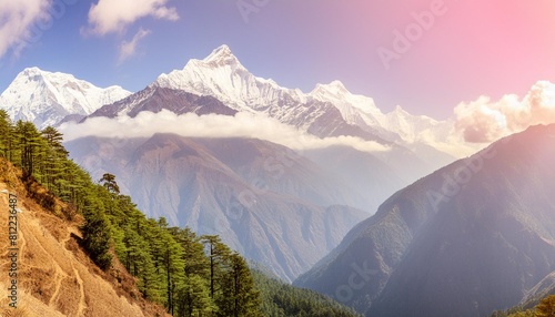 the breathtaking panoramic view the mighty misty snow capped himalayas and the canyons with the coniferous forests nepal ideal background for the various kinds of collages and illustrations