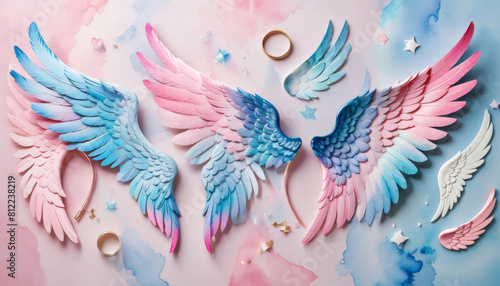 beautiful angel wings pink blue magic wing feather illustration art design background element symbol bird abstract fantasy decorative drawing flight fly silhouette shape animal heaven freedom colours