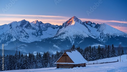 mountain chalet in the tatras during the blue hour winter mountain landscape with a view of the mountain ridges