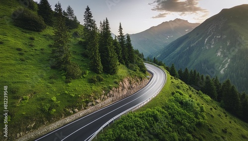 asphalt road in green mountains summer landscape illustration