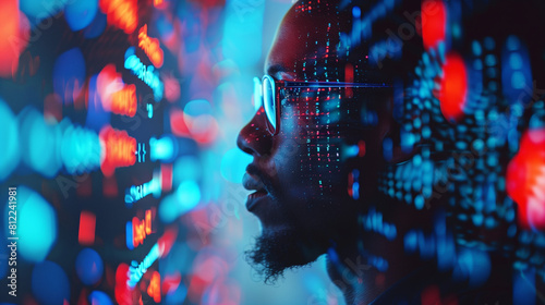 artificial intelligence cyber security threat illustration concept AI banner. Black african american male IT specialist analysing data information technology privacy leaks AR artificial intelligence