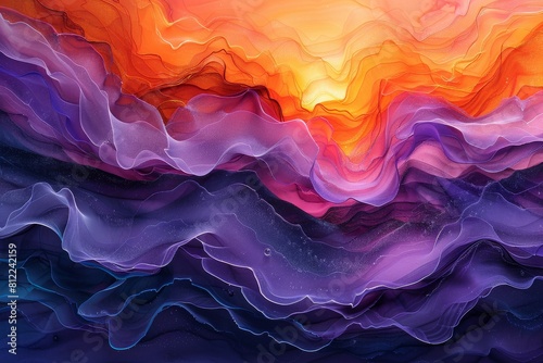 Dynamic and colorful abstract painting featuring waves in shades of orange and purple, suggesting fluid motion