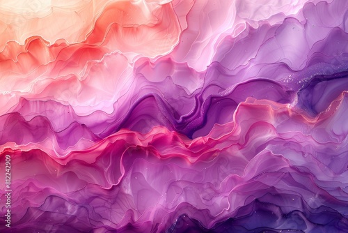 Striking fluid art featuring a vibrant blend of purple, pink, and orange, resembling an organic landscape