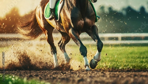 close up of a racing horses hooves kicking up dirt on the track