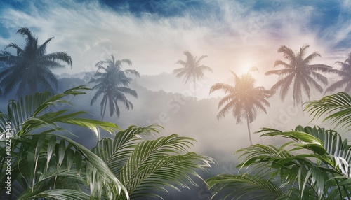 picturesque jungle landscape with tropical plants painted with watercolor backdrop 3d illustration