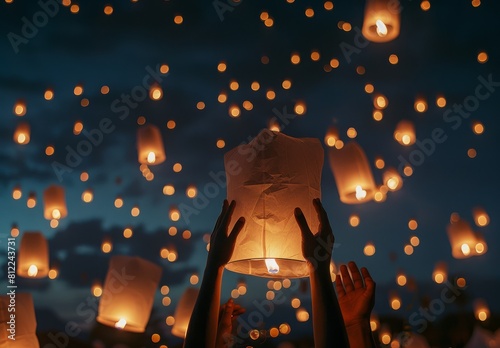 Families release paper lanterns at night during Loy Krathong and Yi Peng Festival