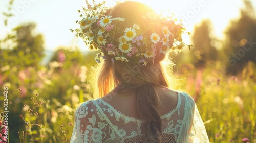 A woman wearing a flower wreath is standing in a sunny meadow representing the floral crown as a symbol of the summer solstice