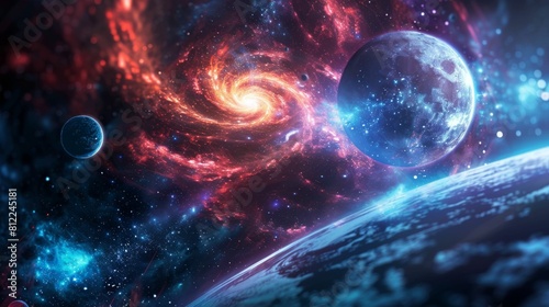 A colorful space scene with a spiral galaxy, a planet, and a moon