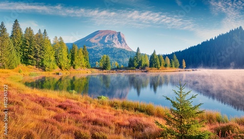 fabulous misty morning scene of nature view of forest lake in highland with rocky peak on background