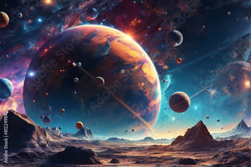 A cosmic landscape featuring a surreal arrangement of planets, moons, and asteroids, creates a visually immersive wallpaper experience.